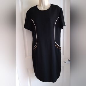 Evan Picone Black Shift Dress with White Piping.